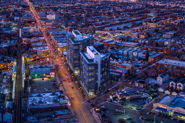 Chicago Apartment Complex Construction - Mica Apartments exterior aerial view at night