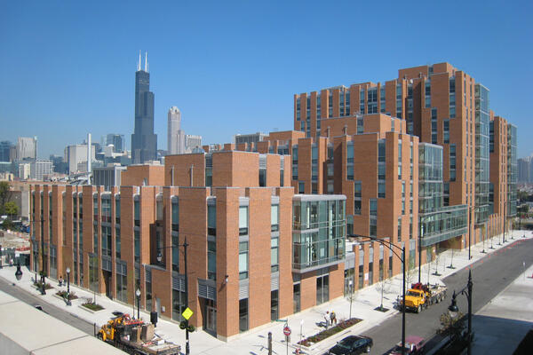 Chicago Campus Construction UIC Student Housing Stukel Towers exterior corner view