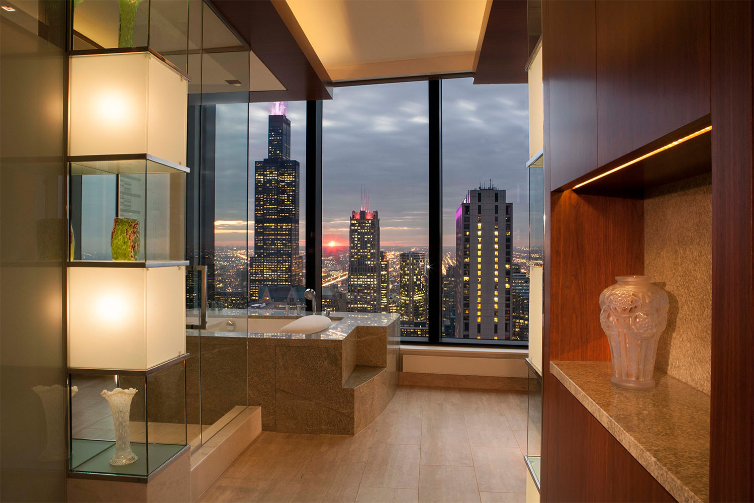 High End Home Contractors Chicago - The Legacy interior with skyline views at dusk