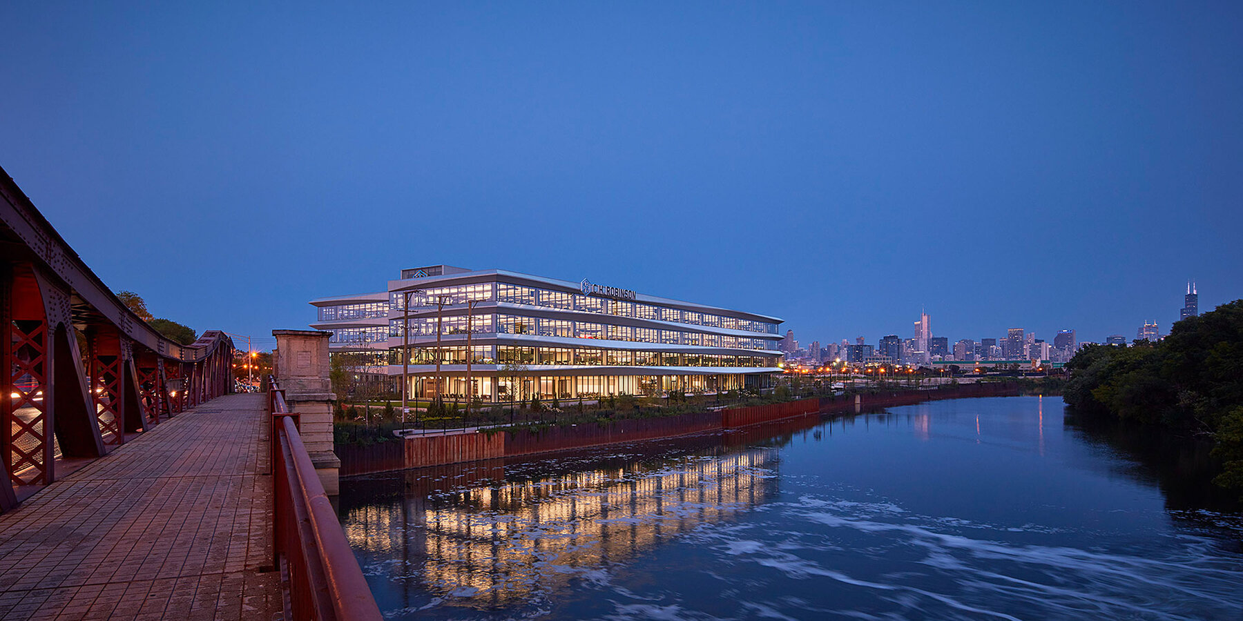 Office Construction & Renovation - 1515 W Webster exterior corner view at dusk