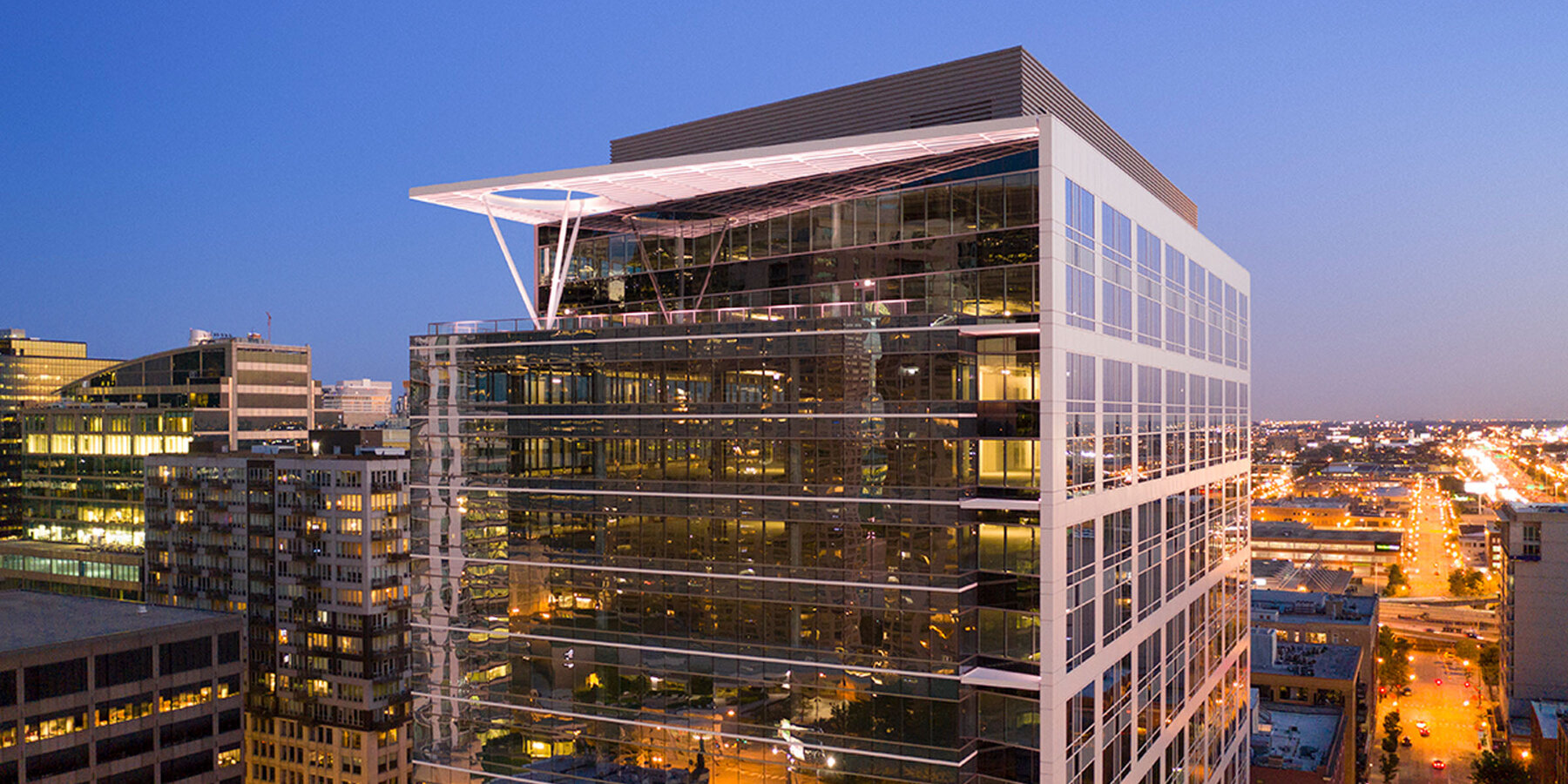 LEED Certified Office Construction Chicago - 625 W Adams exterior terrace view at night