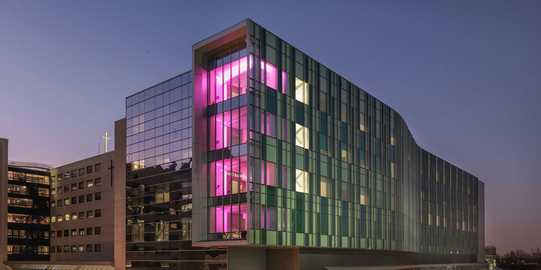 Medical and Healthcare Construction - Advocate Christ Hospital entrance at dusk