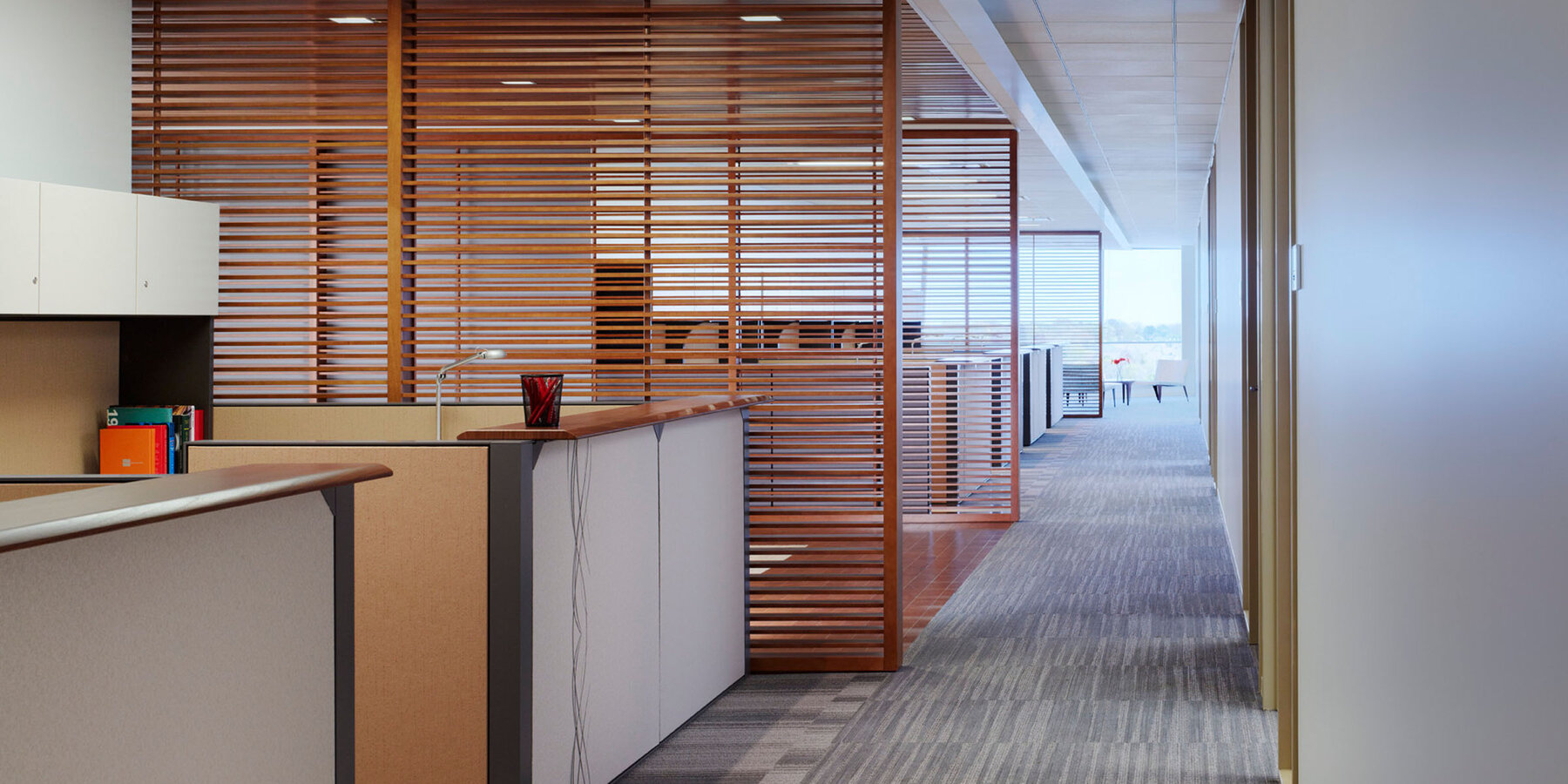 Corporate Office Construction - Astellas Pharma Headquarters hallway workspace cubicle