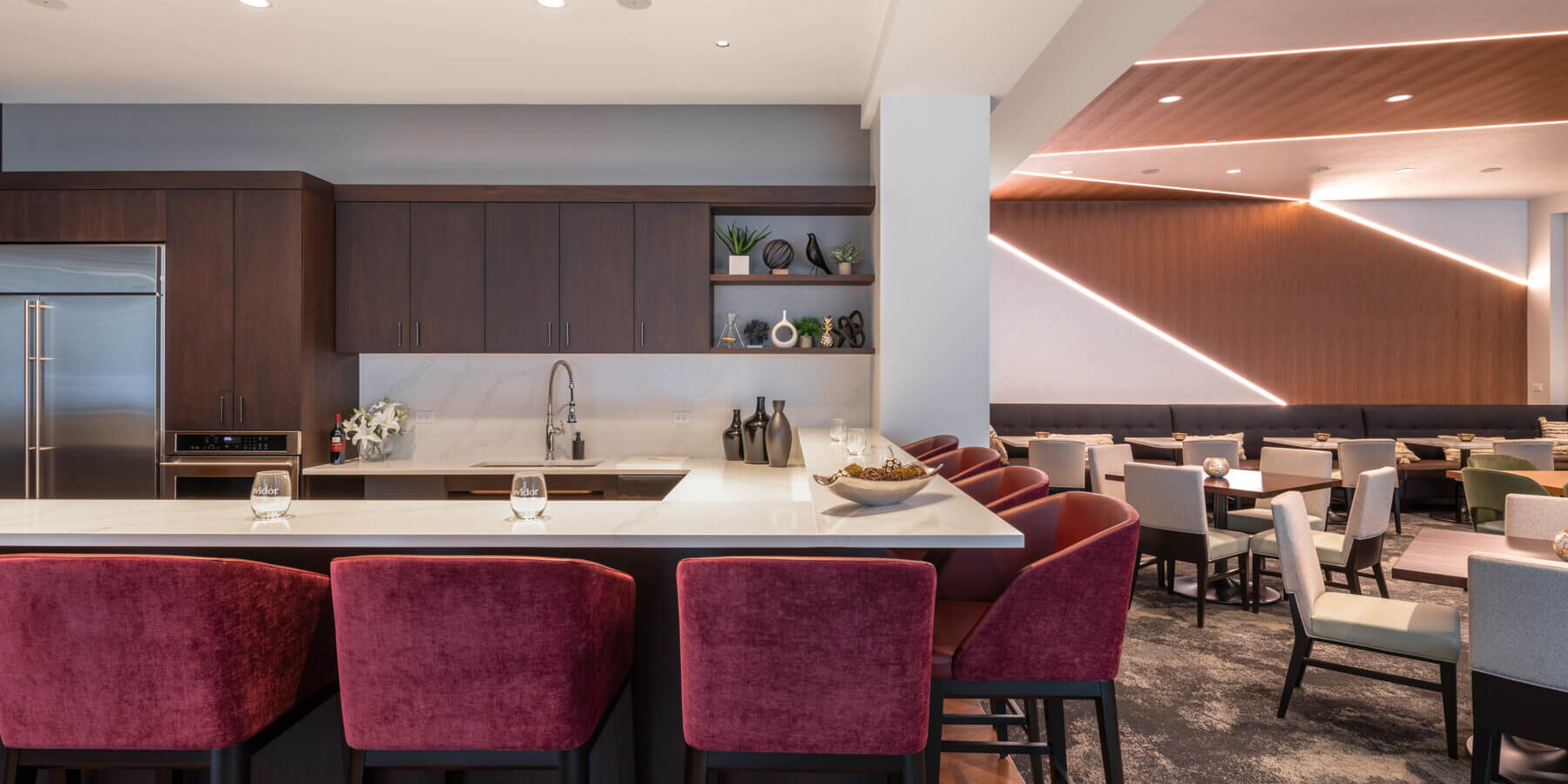 Senior Living Construction Chicago - Avidor Evanston dining area and demo kitchen