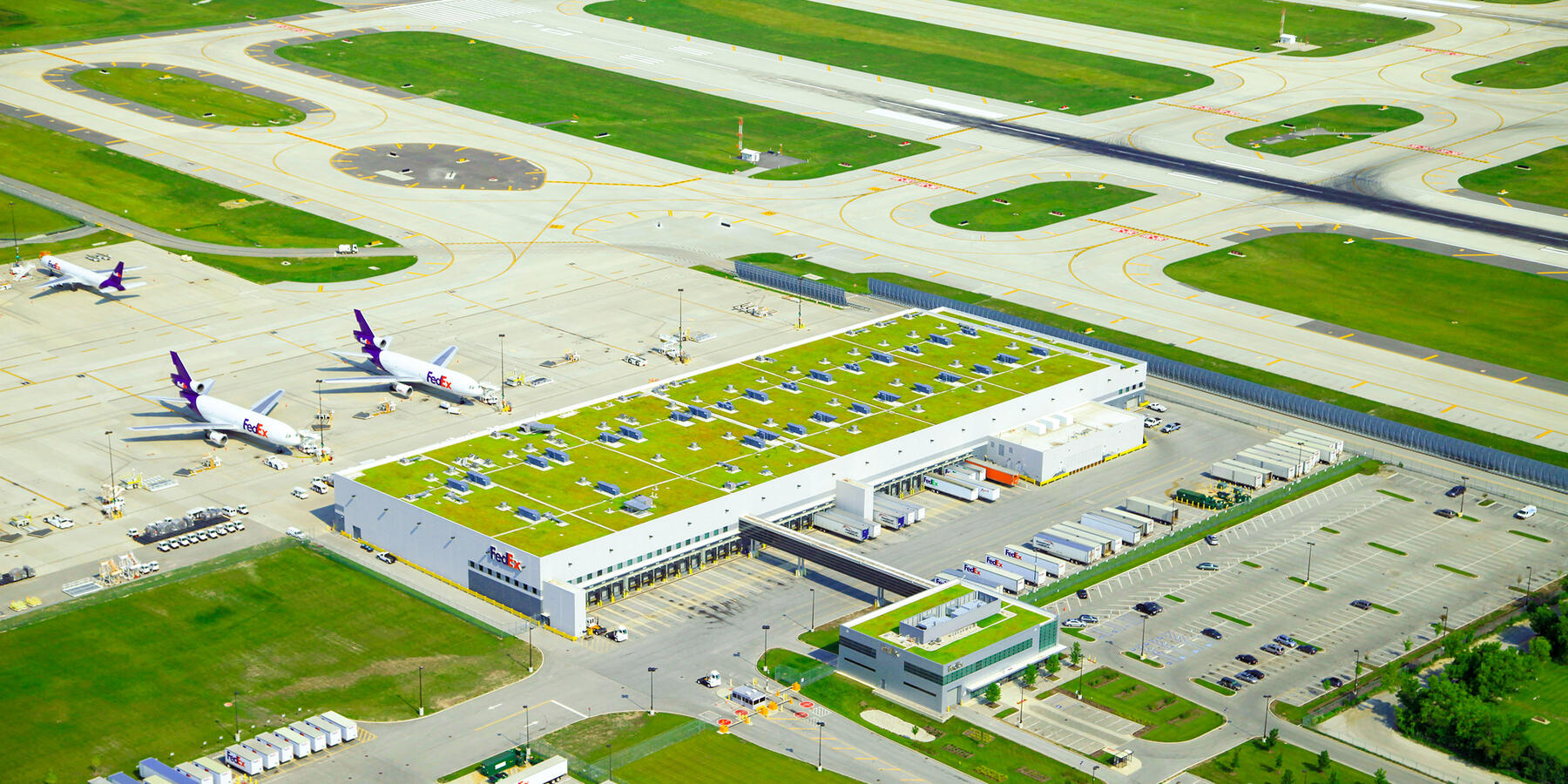 Airport Construction Chicago-  FedEx O'Hare Cargo Facility aerial shot with roof vegetation