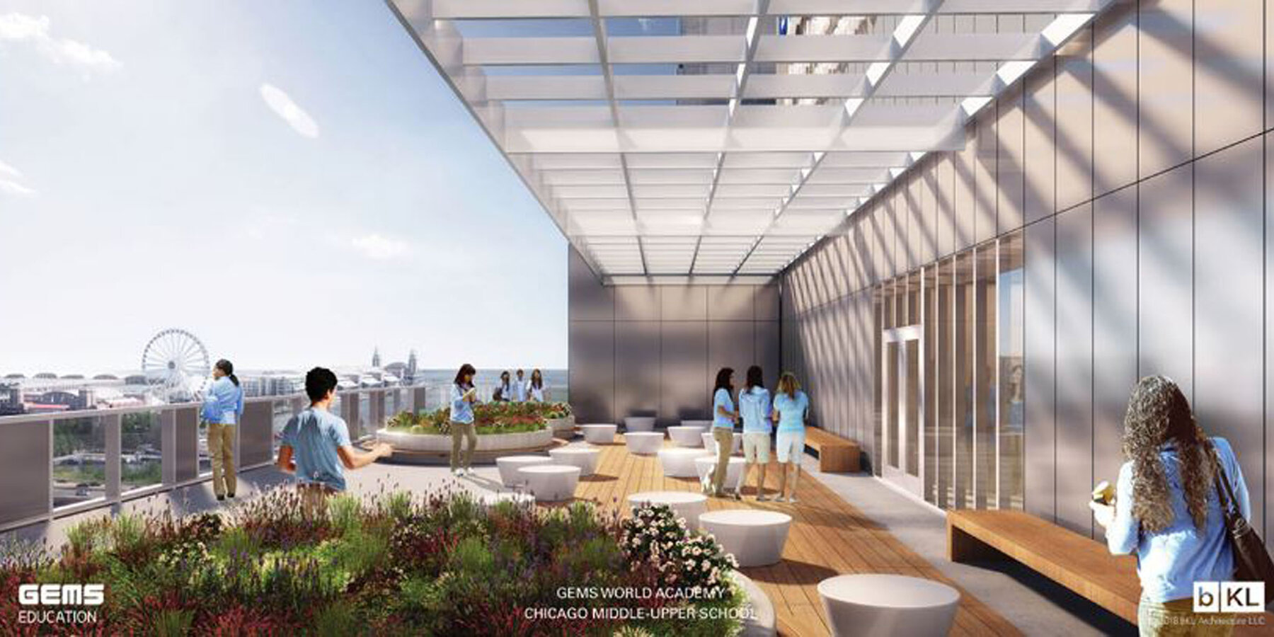 Chicago Top School Construction - Gems World Academy exterior patio rendering