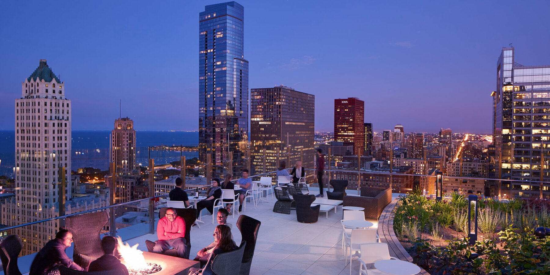 Apartment Complex Construction - Marquee at Block 37 rooftop at dusk with city views
