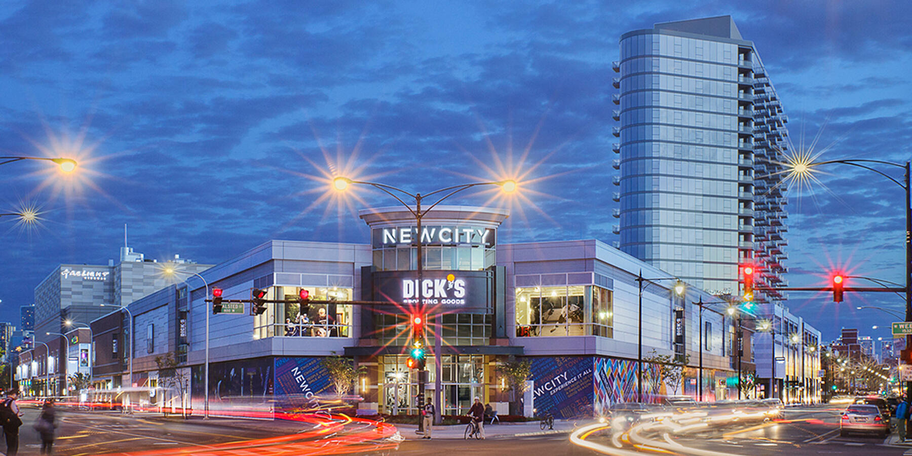 Urban Retail Center Construction - New City Chicago exterior at dusk