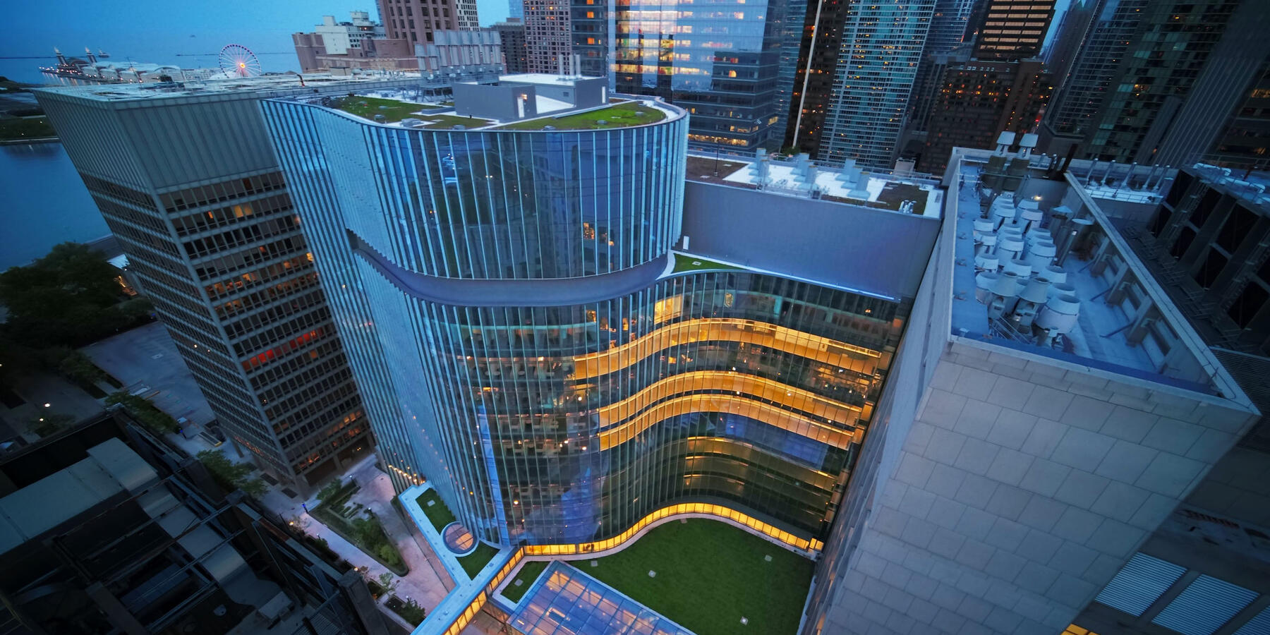 Science Lab Construction - Northwestern Simpson Querrey exterior drone view at night