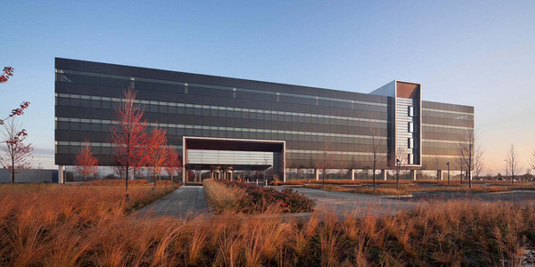 Corporate Office Construction - Panduit World Headquarters exterior full view at dusk