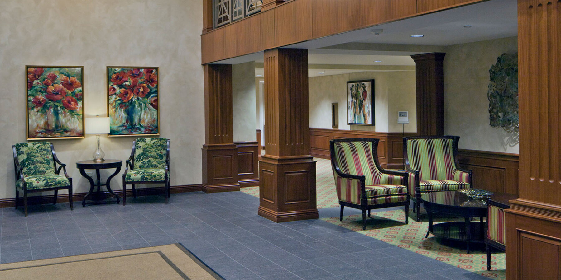 Senior Living Construction - Presbyterian Homes Lake Forest two-story atrium and seating area