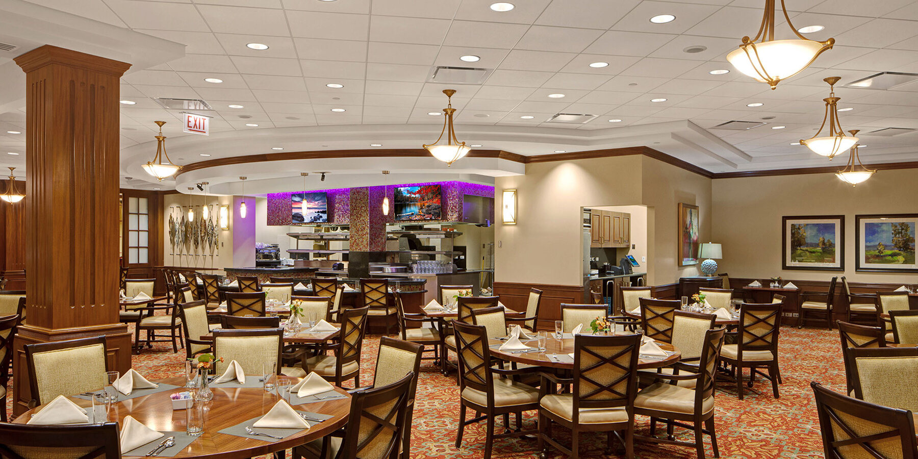 Senior Living Construction - Presbyterian Homes Lake Forest dining room and demo kitchen