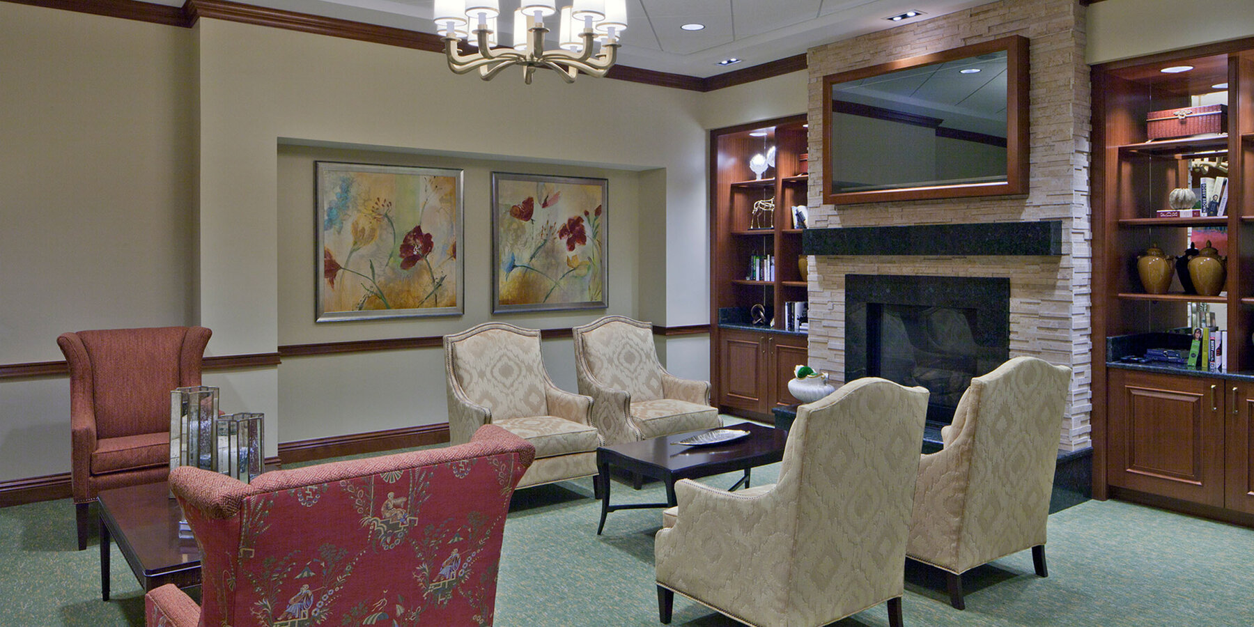 Senior Living Construction - Presbyterian Homes Lake Forest seating area with fireplace