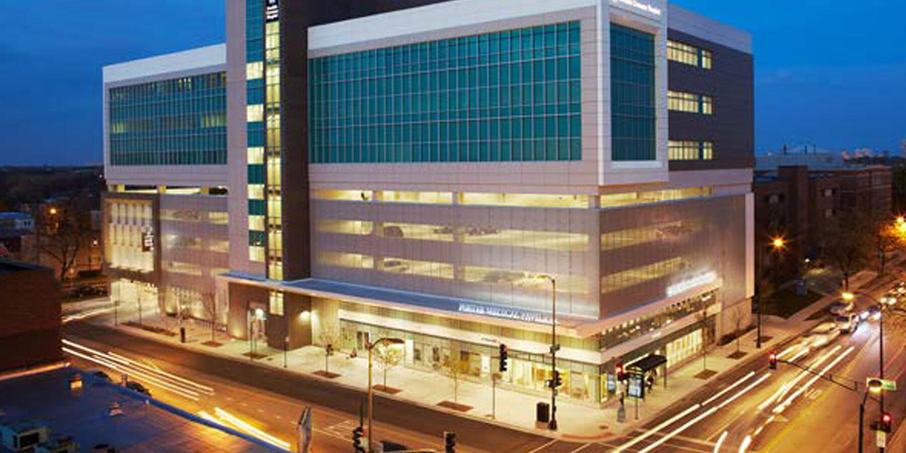 Healthcare Construction Services - Foster Medical Pavilion exterior entrance view at night