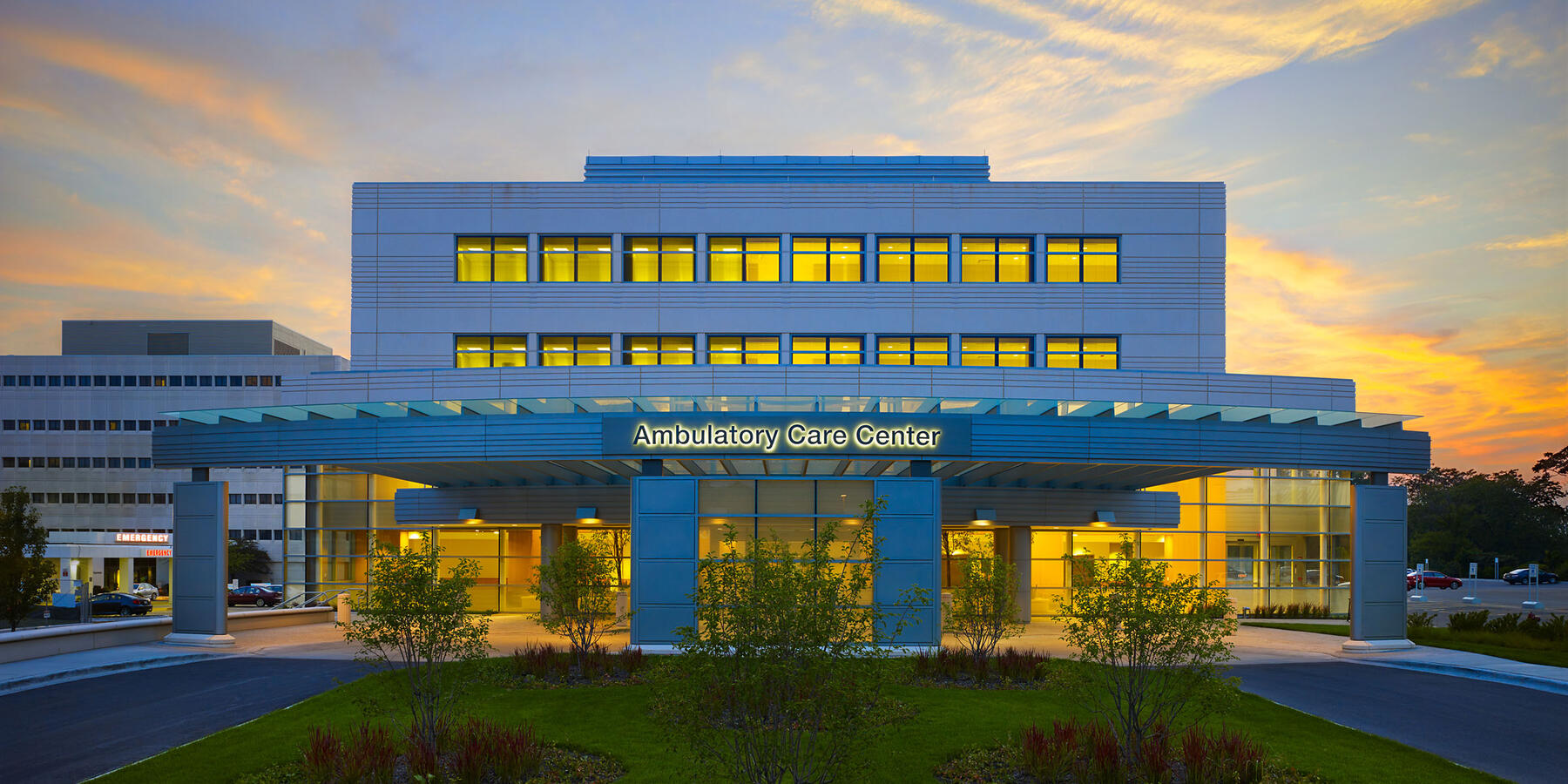 Chicago Hospital Construction Company - Northshore Skokie exterior with logo sign at dusk