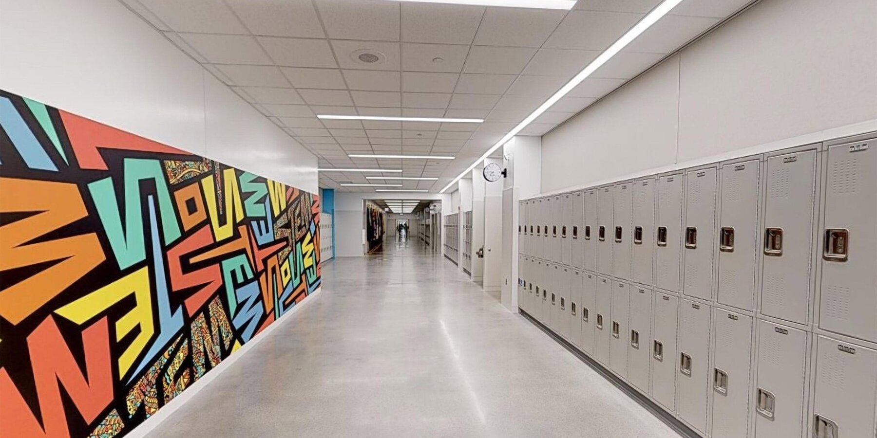 School Construction Chicago - Englewood Stem High School hallway with lockers
