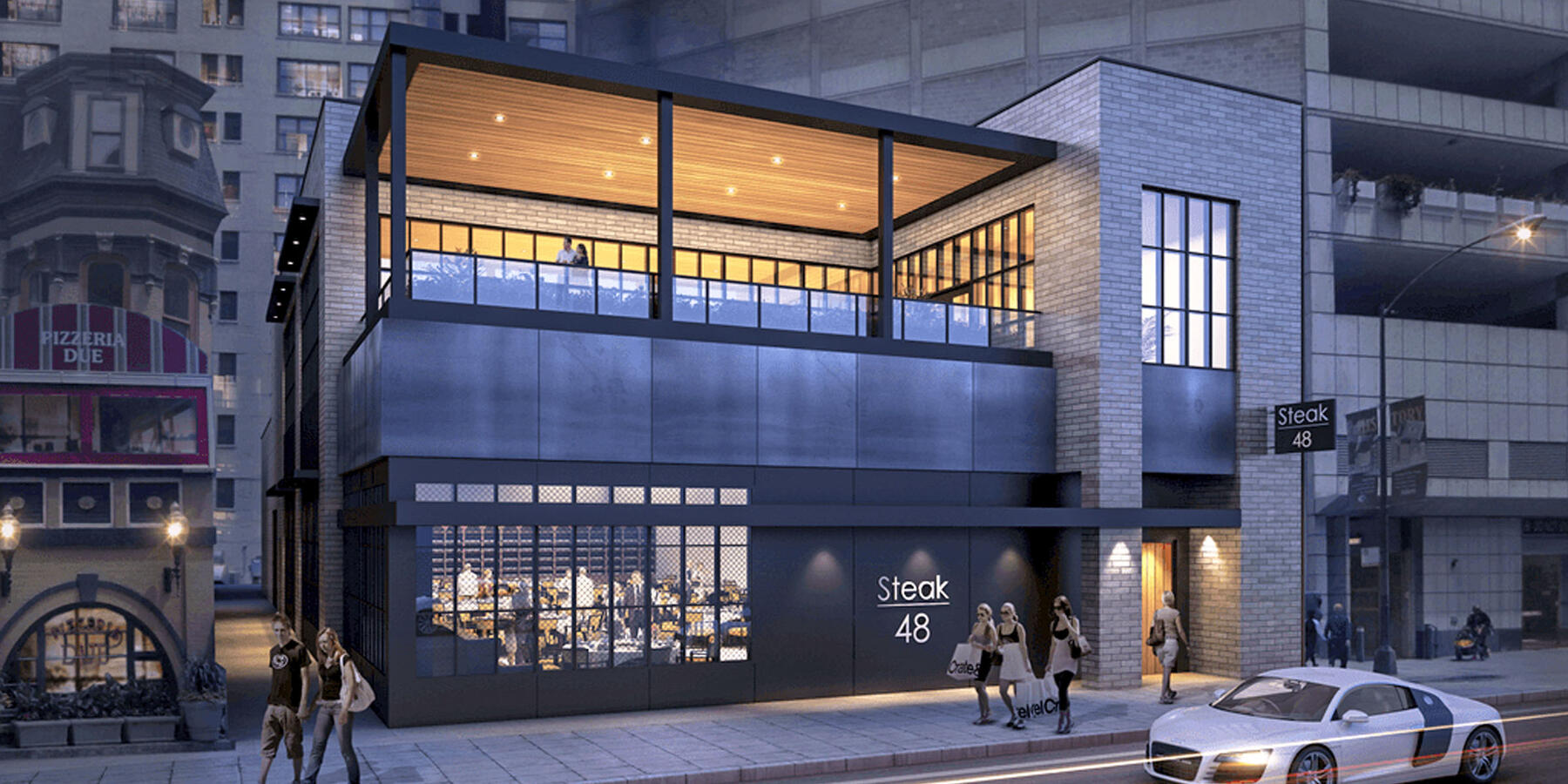 Chicago Fine Dining Construction Company - Steak 48 exterior rendering with exposed second floor lounge