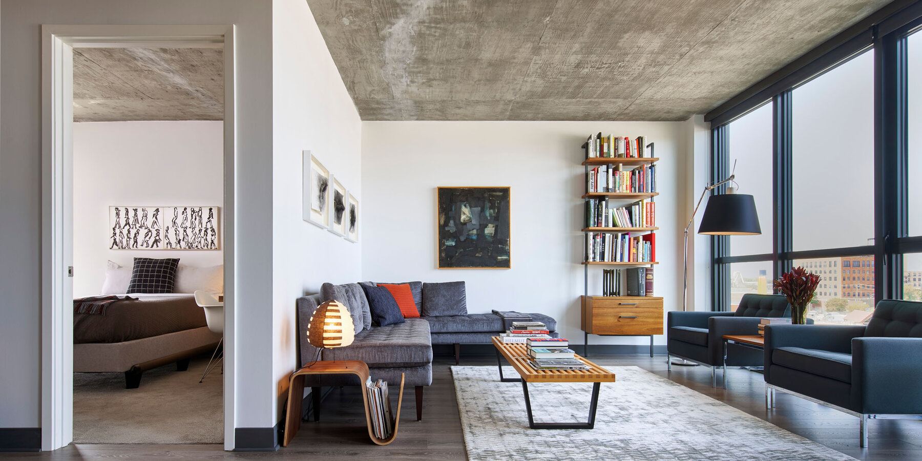 Residential and Multi-Family Construction - The Mason interior apartment with view of living room and bedroom