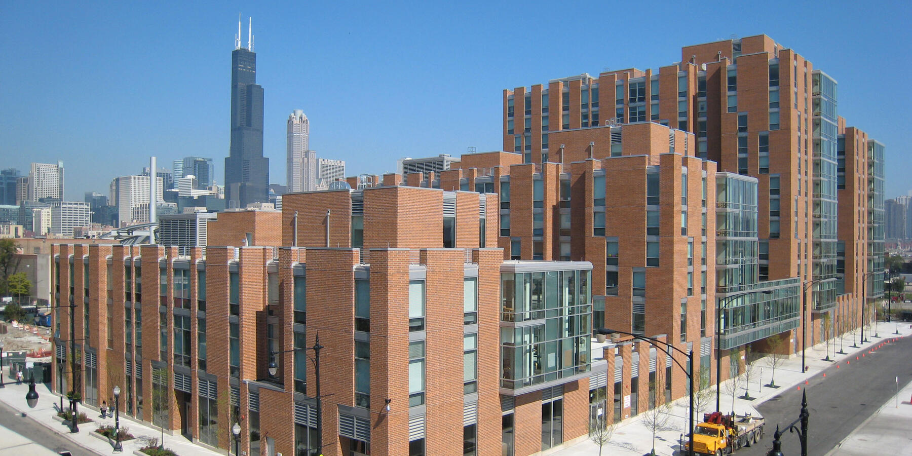 Chicago Campus Construction UIC Student Housing Stukel Towers exterior corner view