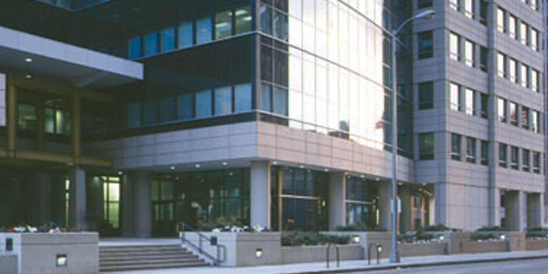 Industrial Construction - USPS Chicago Distribution Center exterior entrance facade with curtainwall