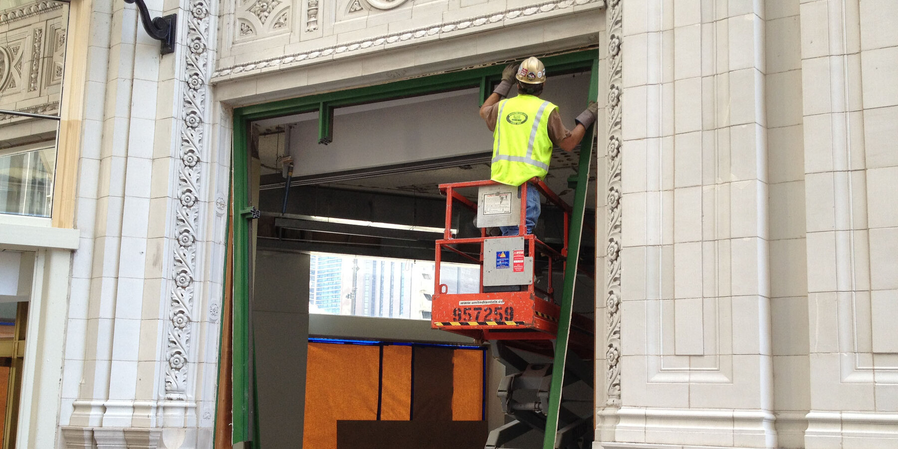 Historic Office Construction & Renovation - Wrigley Building work in progress on historic window facade
