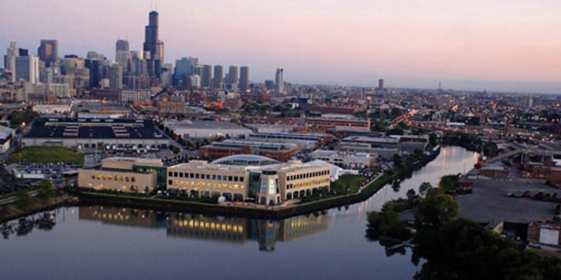 Research Lab Construction - Wrigley Global Innovation aerial view with skyline