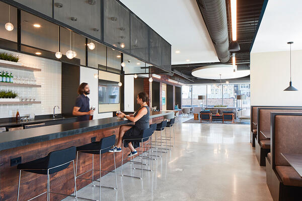 LEED Certified Office Construction Chicago - 625 W Adams interior common area cafe and lounge
