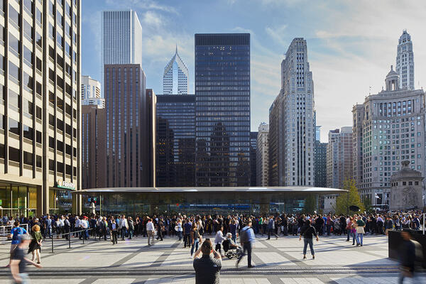 Luxury Retail Construction - Apple Store Michigan Avenue exterior with skyline