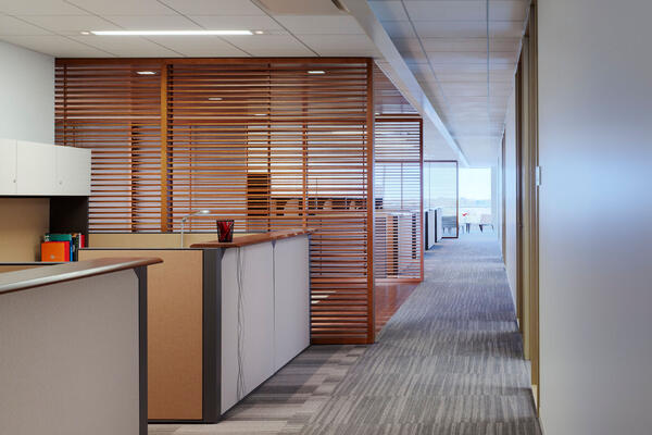 Corporate Office Construction - Astellas Pharma Headquarters hallway workspace cubicle