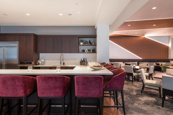 Senior Living Construction Chicago - Avidor Evanston dining area and demo kitchen