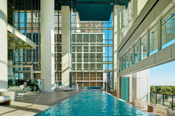 Well Certified Apartment Construction - Essex on The Park indoor pool with city views