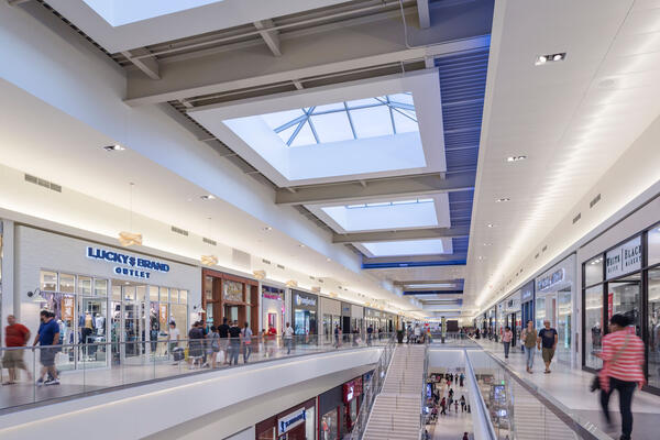 Retail & Mall Construction Company - Fashion Outlets Chicago atrium with skylights and store entrances