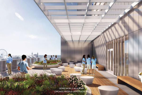 Chicago Top School Construction - Gems World Academy exterior patio rendering