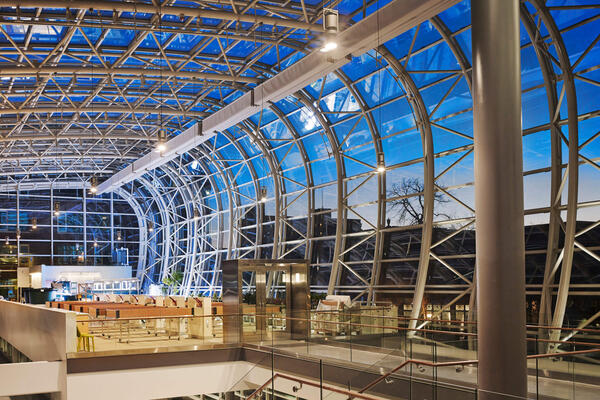 Chicago Life Science Construction - Loyola Chicago IES atrium stairway at dusk