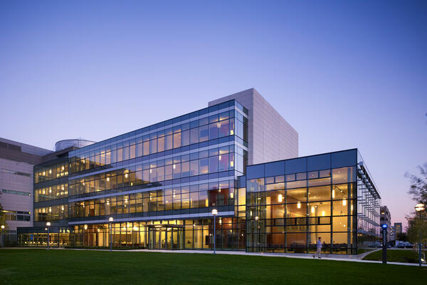 Chicago Education Construction - Loyola Niehoff Nursing School exterior at dusk