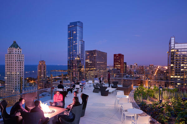 Apartment Complex Construction - Marquee at Block 37 rooftop at dusk with city views