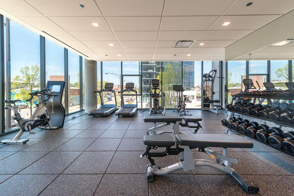 Chicago Apartment Complex Construction - Mica Apartment fitness center with city views
