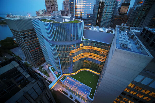 Science Lab Construction - Northwestern Simpson Querrey exterior drone view at night