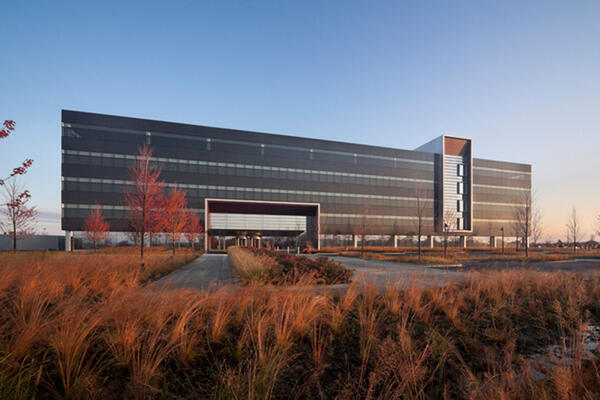 Corporate Office Construction - Panduit World Headquarters exterior full view at dusk