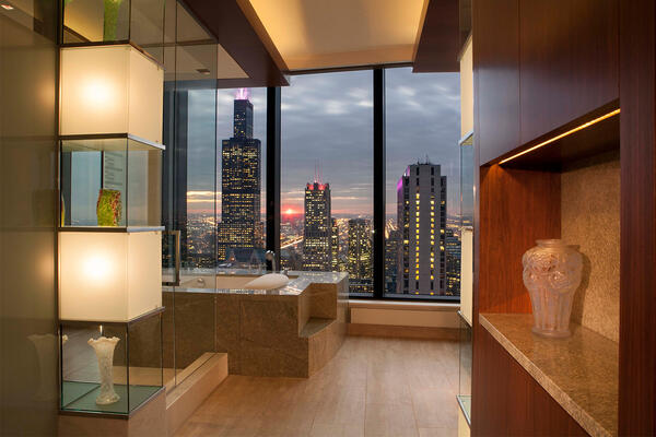 High End Home Contractors Chicago - The Legacy interior with skyline views at dusk