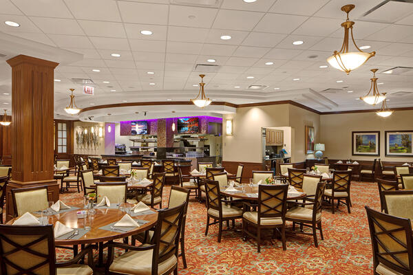 Senior Living Construction - Presbyterian Homes Lake Forest dining room and demo kitchen