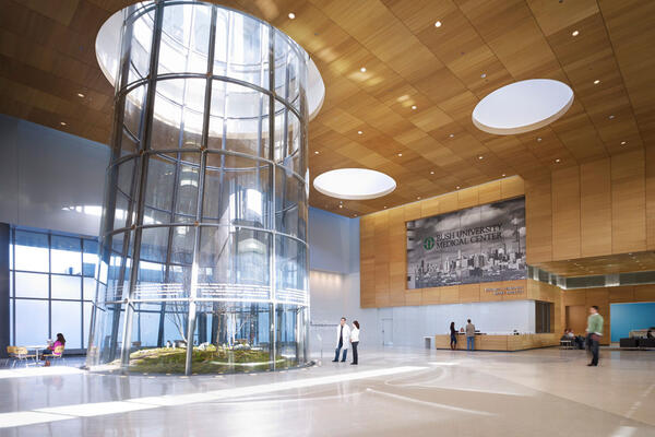 Hospital Campus Construction - Rush Medical Center Chicago open air garden reception area