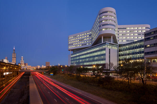 Hospital Campus Construction | Rush Medical Center Chicago exterior at dusk