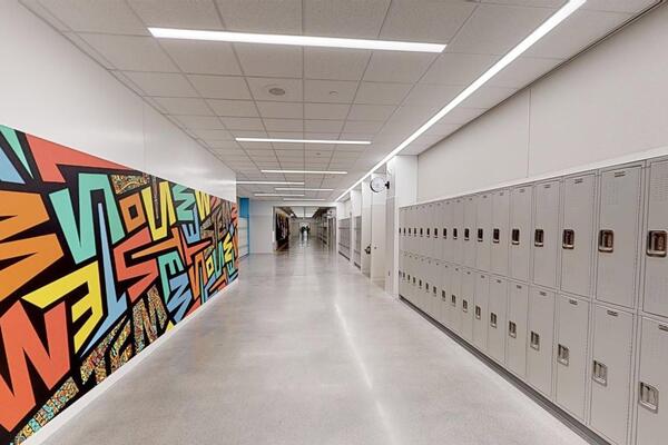 School Construction Chicago - Englewood Stem High School hallway with lockers