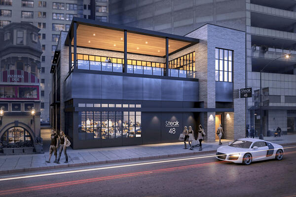 Chicago Fine Dining Construction Company - Steak 48 exterior rendering with exposed second floor lounge