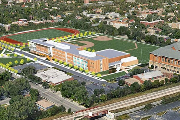 School Construction Chicago - Englewood Stem High School exterior rendering