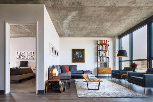 Residential and Multi-Family Construction - The Mason interior apartment with view of living room and bedroom