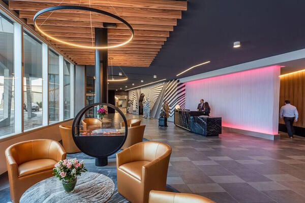 Chicago Hospitality Construction - Rose Hotel Rosemont reception desk and lounge space