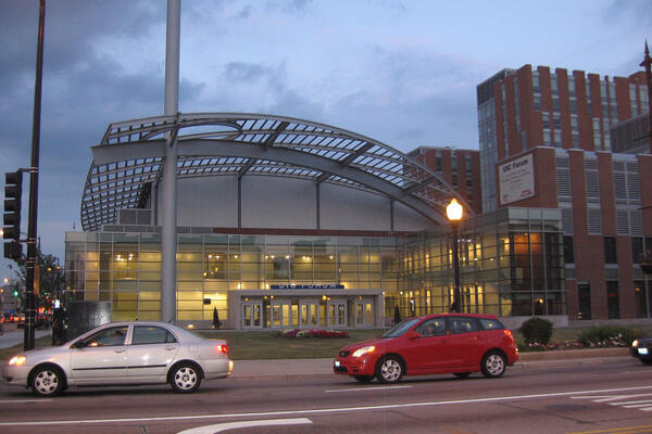 Chicago Campus Construction UIC Student Housing Stukel Towers exterior entrance at dusk