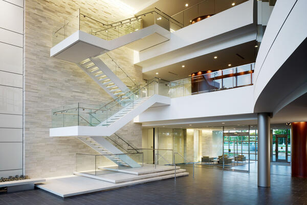 Office Construction & Remodeling - United Methodist HQ lobby atrium and stairway with view of multiple floors